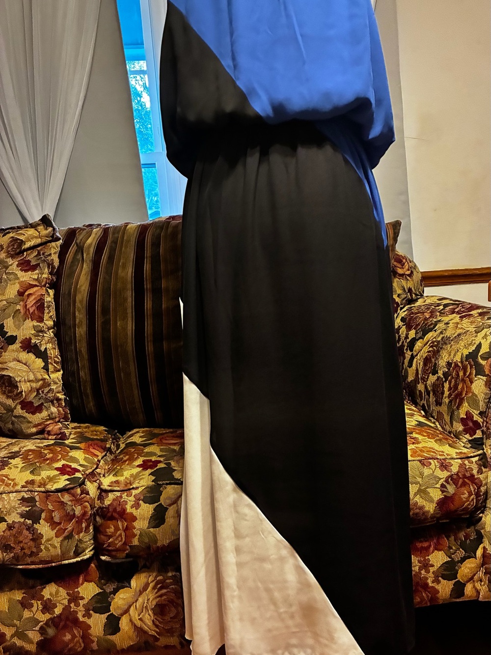 Midnight Velvet Asymmetrical Colorblock Maxi Dress in Blue, Black & White